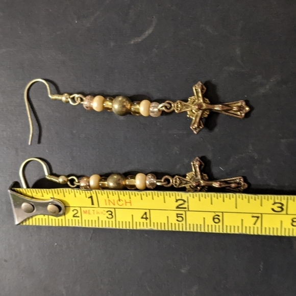 Gold Tone Beaded Cross Crucifix Dangle Statement Earrings - Picture 3 of 4